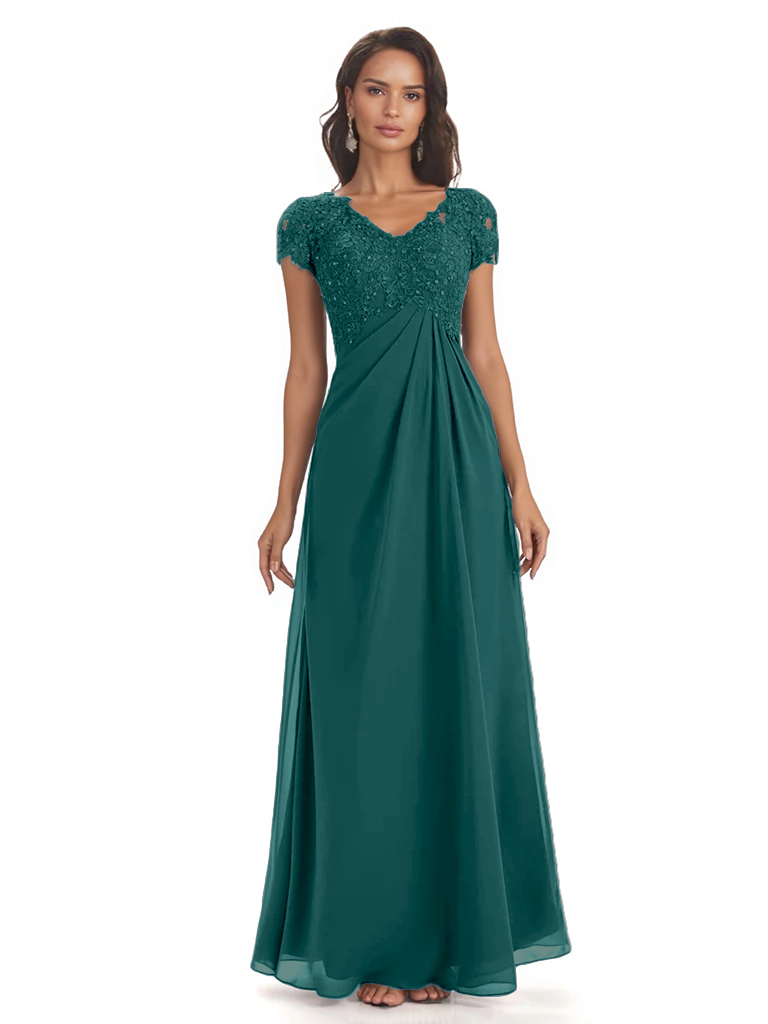 Elegant Short Sleeves Beaded Pleats A-line Floor-Length Mother of The Bride Dresses