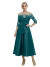 Unique Off Shoulder Tea-Length Satin Mother Of The Bride Dress With Lace Illusion