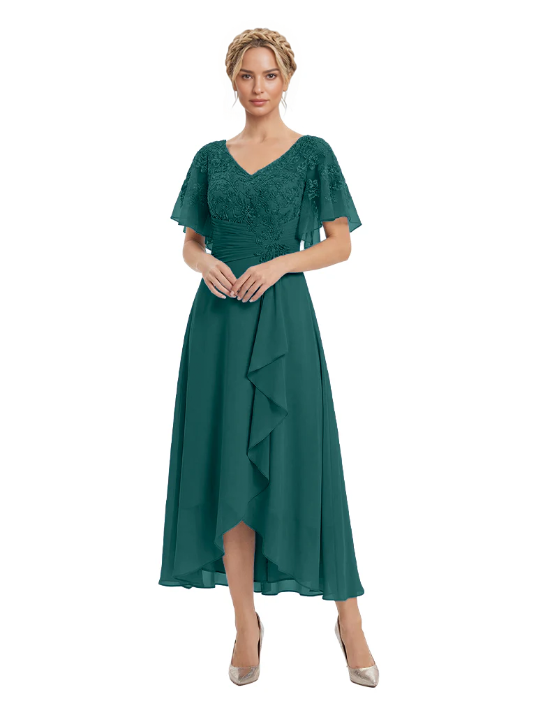 Unique Flutter Sleeves Lace Beaded Short Mother of the Groom Dresses