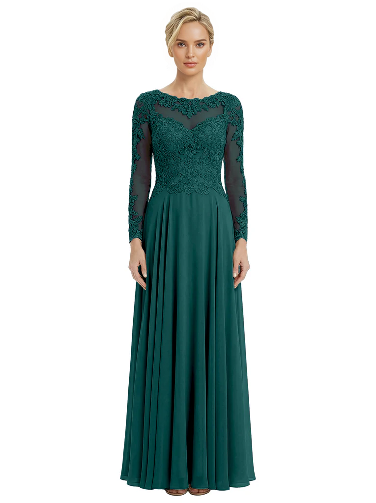 Mother of The Bride Dresses Scoop Long Sleeve Lace Chiffon Maxi Gown Pretty Embroidered Formal Wedding Event Attire