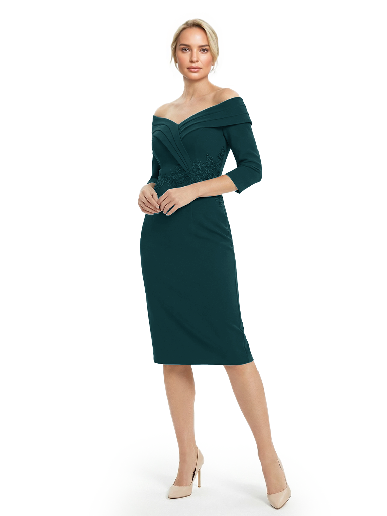 Mother of The Groom Dresses Off The Shoulder 3/4 Sleeve Satin Sheath Midi Dress Pretty Lace Detailed Formal Bridal Party Attire