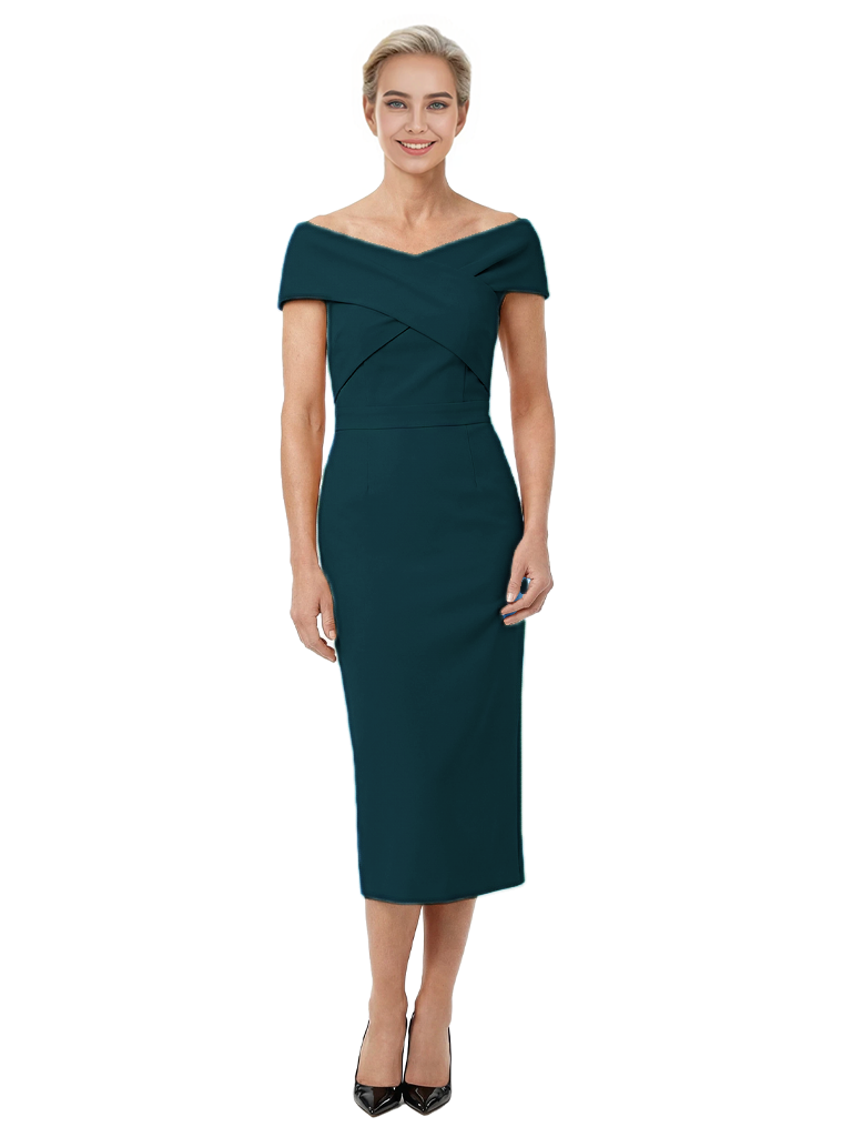 Mother of The Bride Dress Classy Off Shoulder Crepe Sheath Midi Gown Modern Wrap Detail