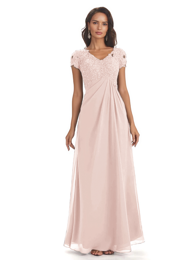 Elegant Short Sleeves Beaded Pleats A-line Floor-Length Mother of The Bride Dresses