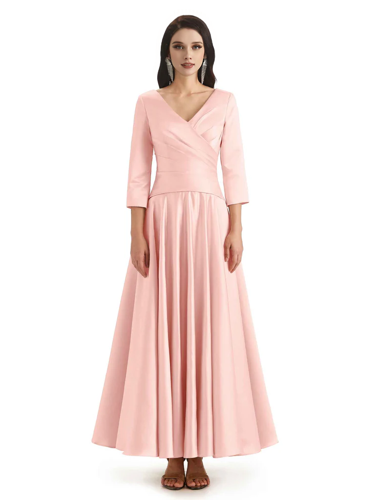 Elegant Soft Satin 3/4 Sleeves V-Neck Ankle Length Mother of The Bride Dresses