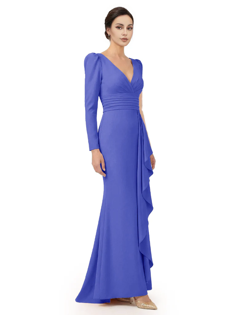 V-Neck Long Sleeves Ruffle Crepe Mother Of The Groom Dress Mermaid