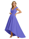 Mother of The Groom Dress Fancy Cap Sleeve Crepe High-Low A-Line Gown Elegant Belt Accent