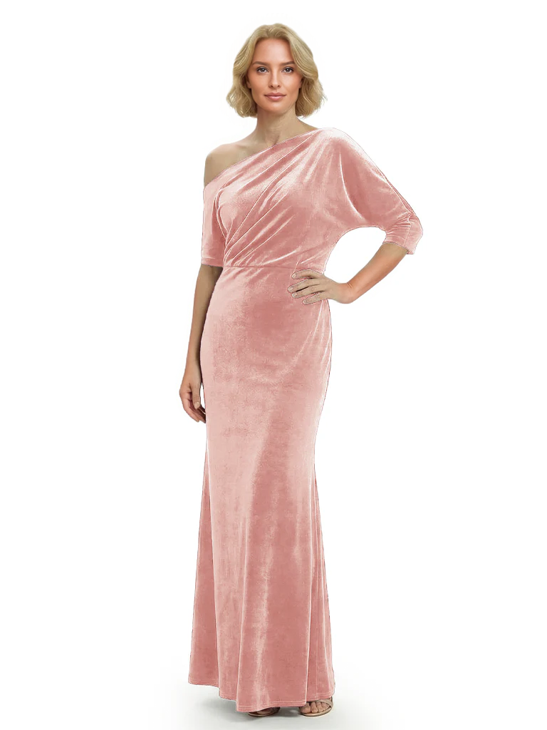 Sophisticated Asymmetrical Neckline Velvet Half Sleeves Maxi Mother Of The Groom Dress