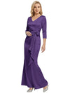 Mother of The Bride Dress Elegant V-Neck 3/4 Sleeve Satin Trumpet Maxi Gown