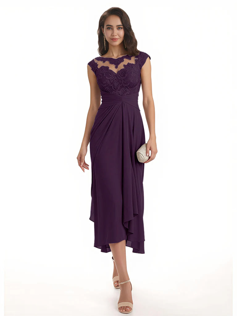Elegant Bell Sleeves Chiffon A-line Midi Mother of The Bride Dresses