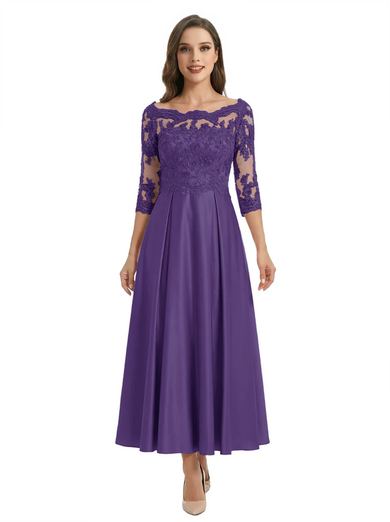 Mother of The Groom Dress Off Shoulder 3/4 Sleeve Lace Satin Midi Gown Classy Pleated