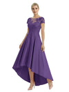 Elegant Mother of The Bride Dress Scoop Short Sleeve Lace Satin High-Low A-Line Gown