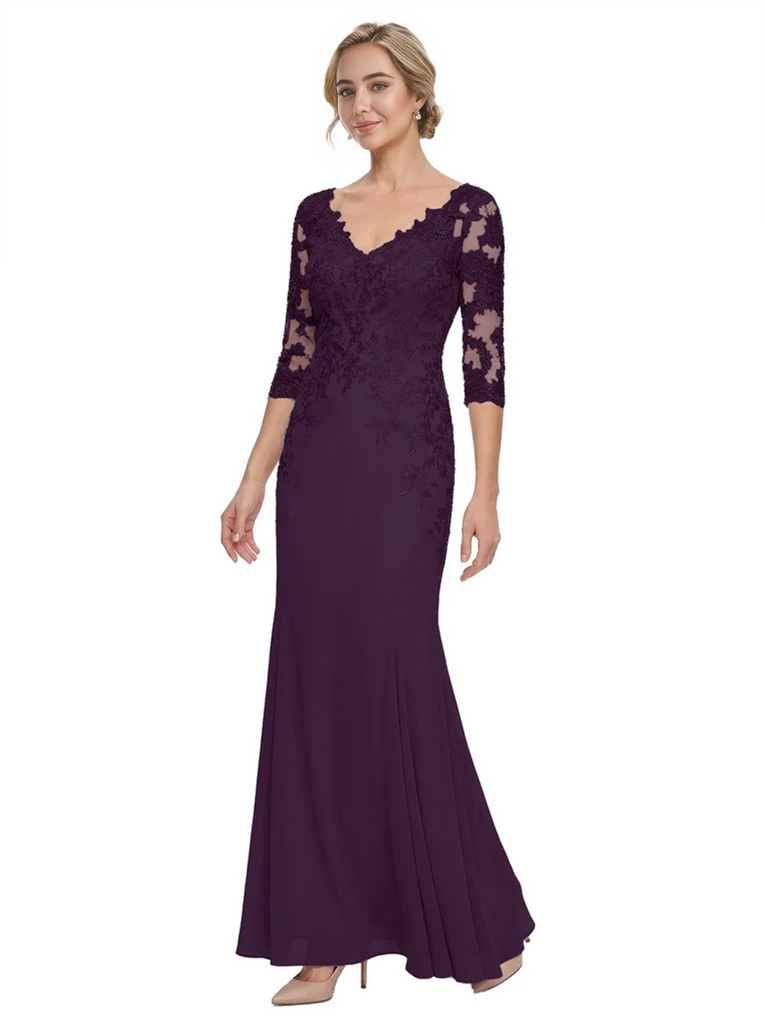 Mother of The Bride Gown V-Neck Half Sleeve Lace Chiffon Trumpet Maxi Dress Unique Sophisticated