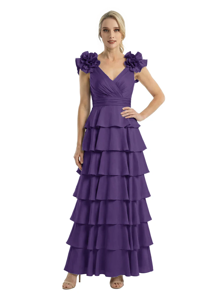 Mother of The Bride Dresses V-Neck Sleeveless Satin Tiered Maxi Gown Unique Flower Detailed Formal Wedding Event Attire