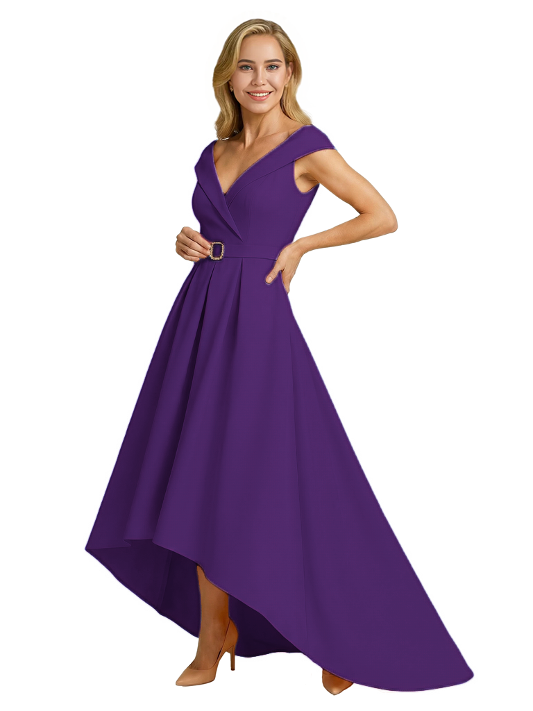 Mother of The Groom Dress Fancy Cap Sleeve Crepe High-Low A-Line Gown Elegant Belt Accent