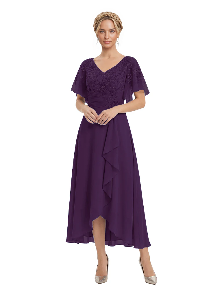 Unique Flutter Sleeves Lace Beaded Short Mother of the Groom Dresses