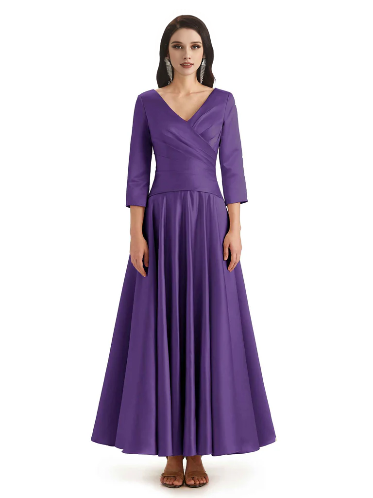 Elegant Soft Satin 3/4 Sleeves V-Neck Ankle Length Mother of The Bride Dresses