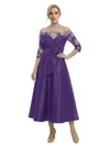 Unique Off Shoulder Tea-Length Satin Mother Of The Bride Dress With Lace Illusion
