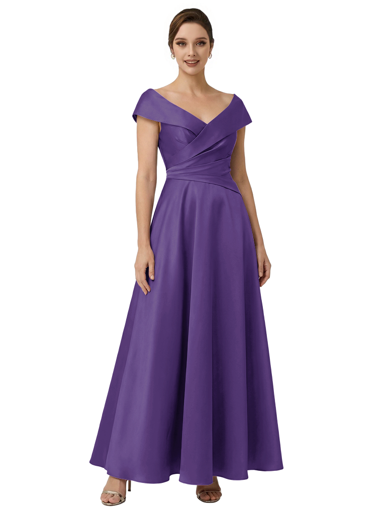 Sophisticated Off Shoulder Sleeveless A-Line Satin Mother Of The Bride Dress