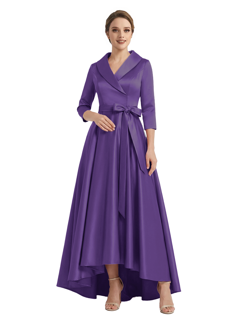 Modern High-Low 3/4 Sleeves Satin Mother Of The Bride Dress With Bow Knot