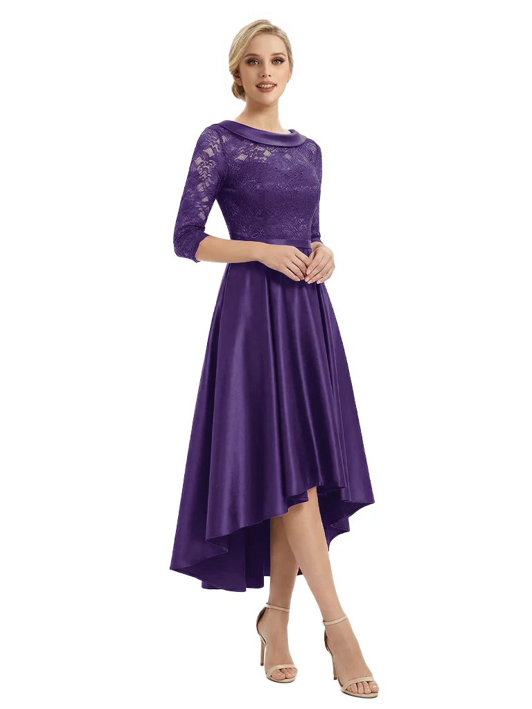 Elegant Boat Neck Satin Lace Mother Of The Bride Dresses High-Low A-Line Gowns