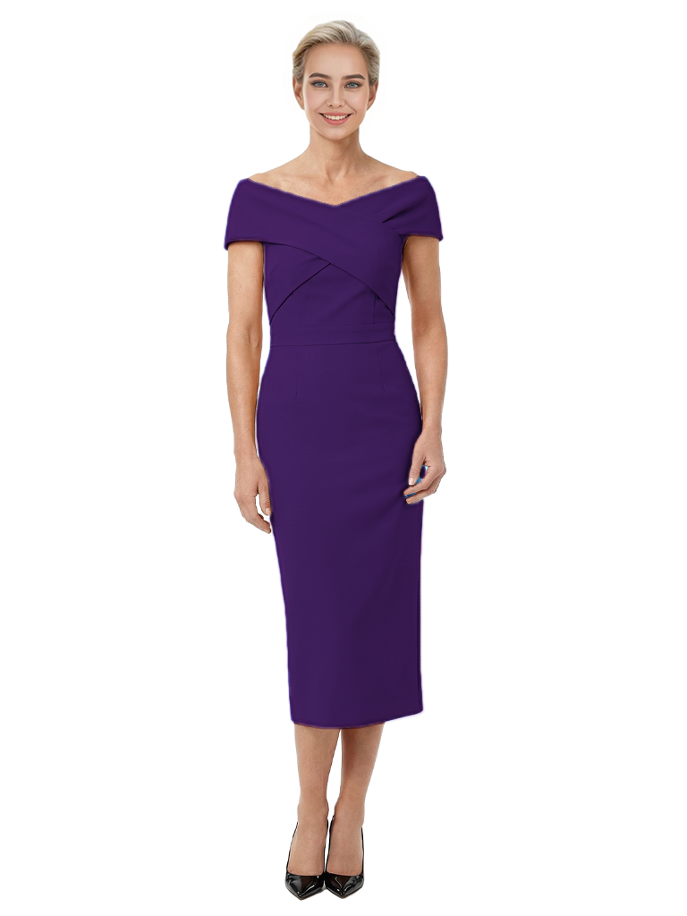 Mother of The Bride Dress Classy Off Shoulder Crepe Sheath Midi Gown Modern Wrap Detail