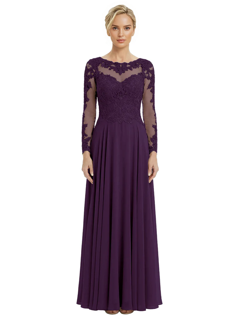 Mother of The Bride Dresses Scoop Long Sleeve Lace Chiffon Maxi Gown Pretty Embroidered Formal Wedding Event Attire