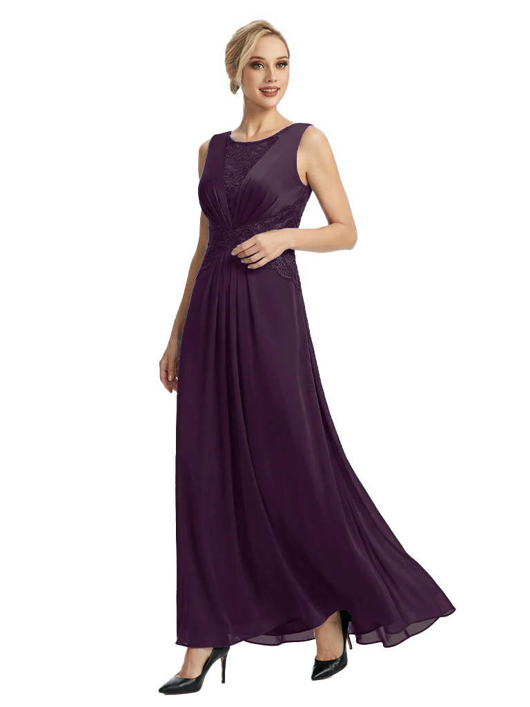 Mother of The Bride Dresses Scoop Sleeveless Lace Chiffon Maxi Gown Classy Ruched Formal Wedding Event Dress