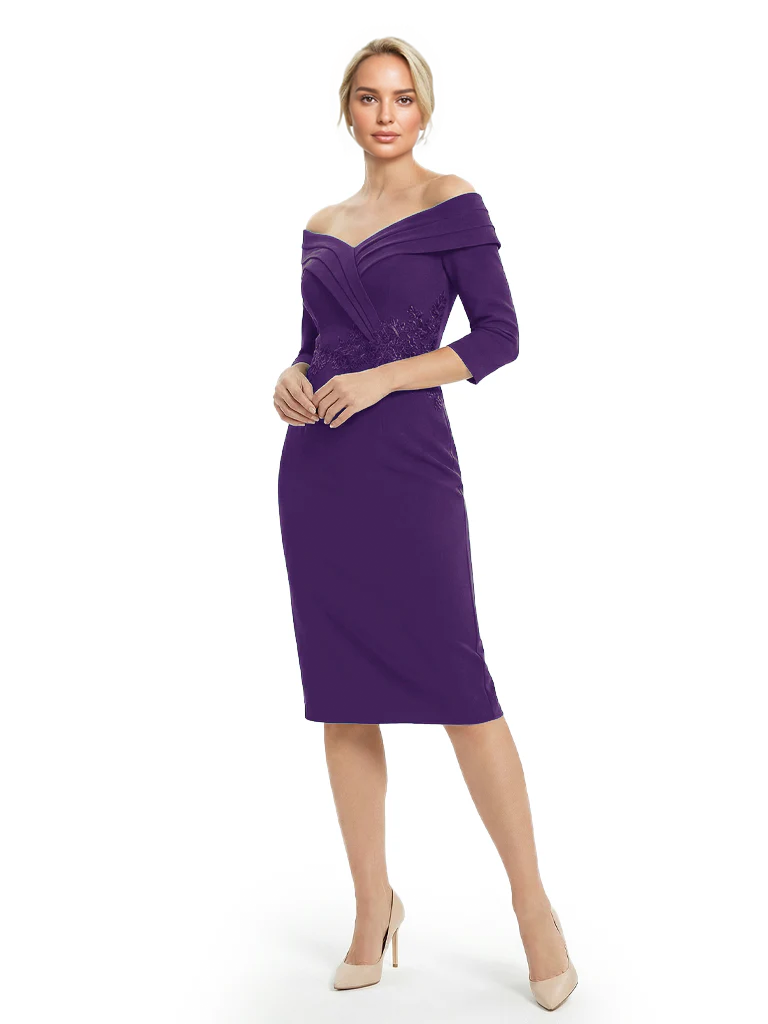 Mother of The Groom Dresses Off The Shoulder 3/4 Sleeve Satin Sheath Midi Dress Pretty Lace Detailed Formal Bridal Party Attire