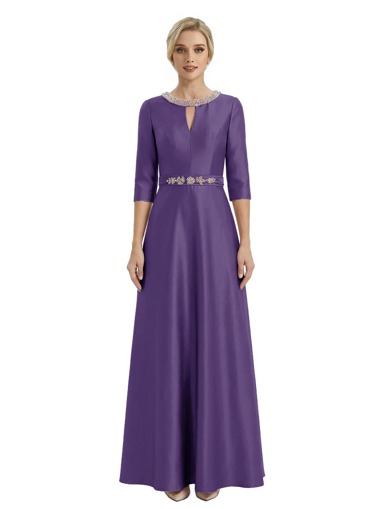 Sophisticated 3/4 Sleeves Beaded A-Line Satin Mother Of The Bride Dress