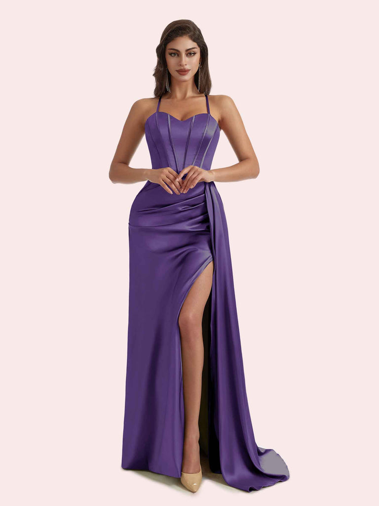 Cetims Elegant Sweetheart Mermaid Pleats Side Split Spaghetti Strap Soft Satin Long Bridesmaid Dress For Wedding Plum