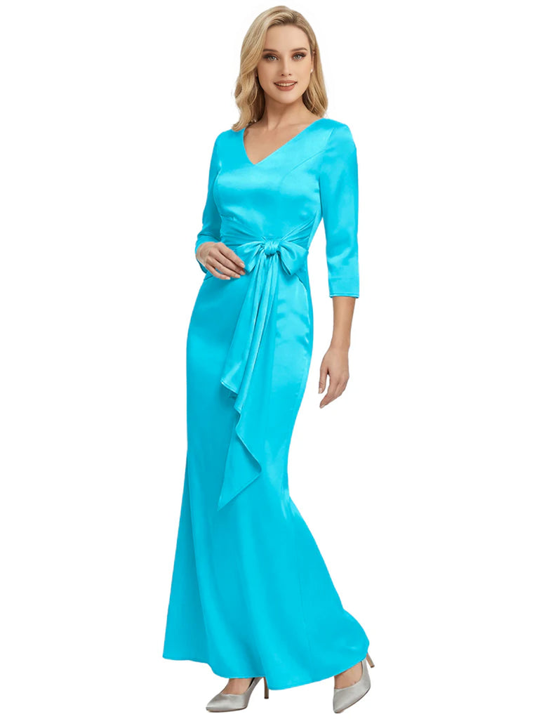 Mother of The Bride Dress Elegant V-Neck 3/4 Sleeve Satin Trumpet Maxi Gown