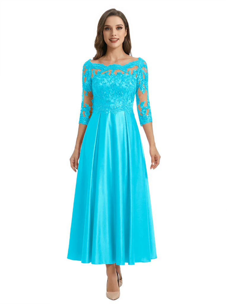 Mother of The Groom Dress Off Shoulder 3/4 Sleeve Lace Satin Midi Gown Classy Pleated