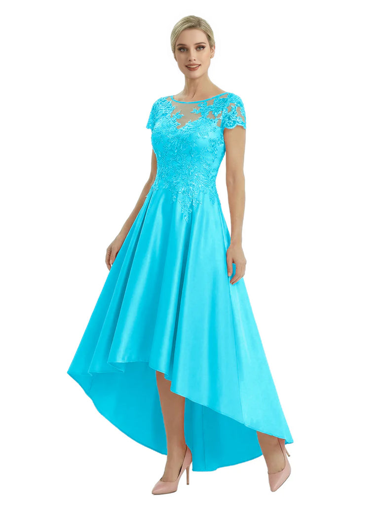Elegant Mother of The Bride Dress Scoop Short Sleeve Lace Satin High-Low A-Line Gown