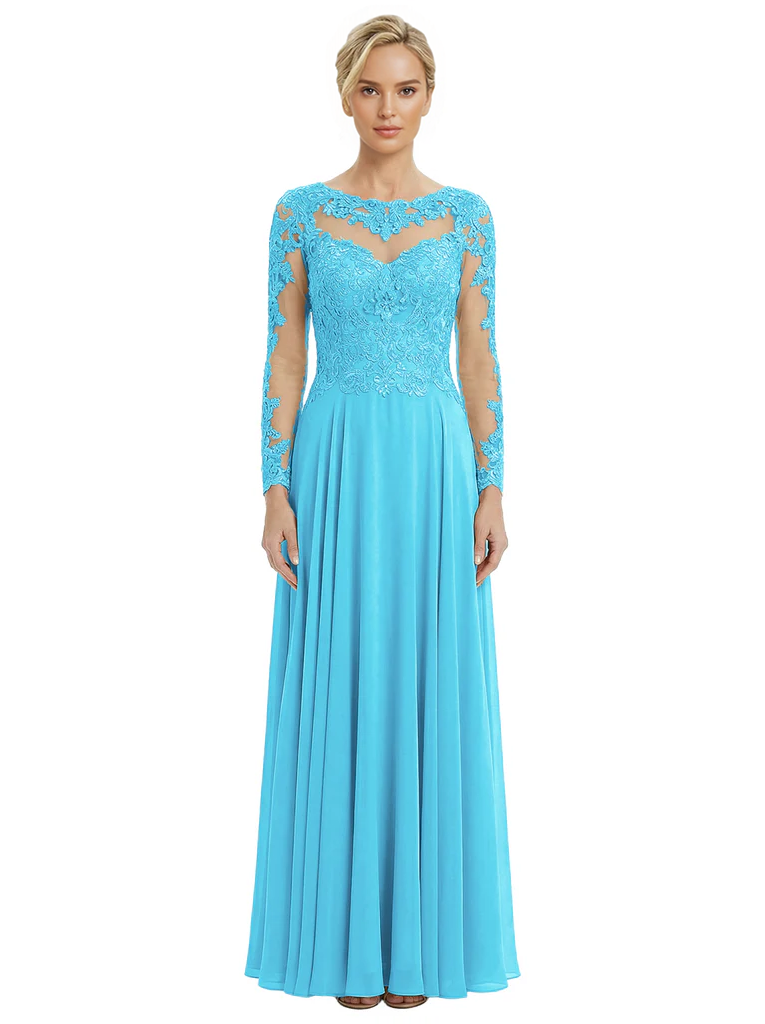 Mother of The Bride Dresses Scoop Long Sleeve Lace Chiffon Maxi Gown Pretty Embroidered Formal Wedding Event Attire