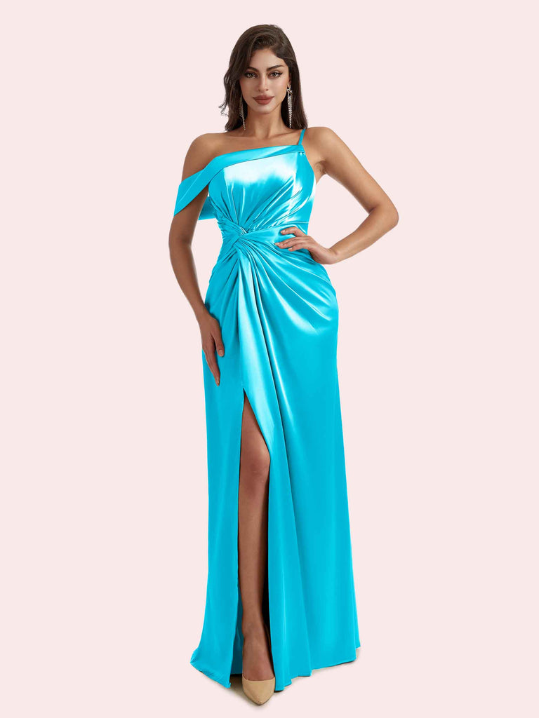 Cetims Elegant Mermaid Pleats Side Split Off Shoulder Spaghetti Strap Soft Satin Long Bridesmaid Dress For Wedding Spa