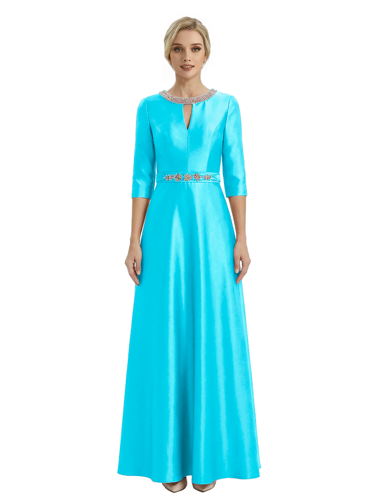Sophisticated 3/4 Sleeves Beaded A-Line Satin Mother Of The Bride Dress