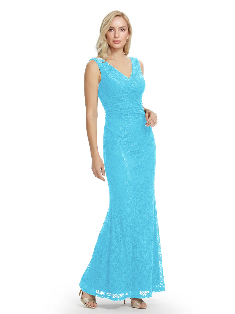 Mother of The Bride Dresses V-Neck Sleeveless Lace Mermaid Maxi Gown Elegant Flowy Formal Wedding Event Dress