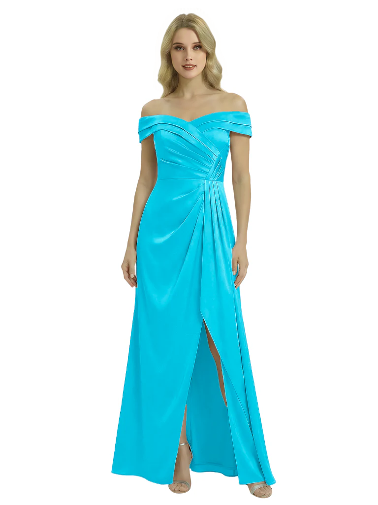 Off The Shoulder Mother Of The Groom Dresses Side Slit Satin Ruched A-Line Gown