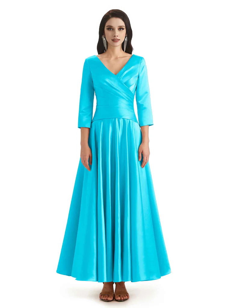 Elegant Soft Satin 3/4 Sleeves V-Neck Ankle Length Mother of The Bride Dresses