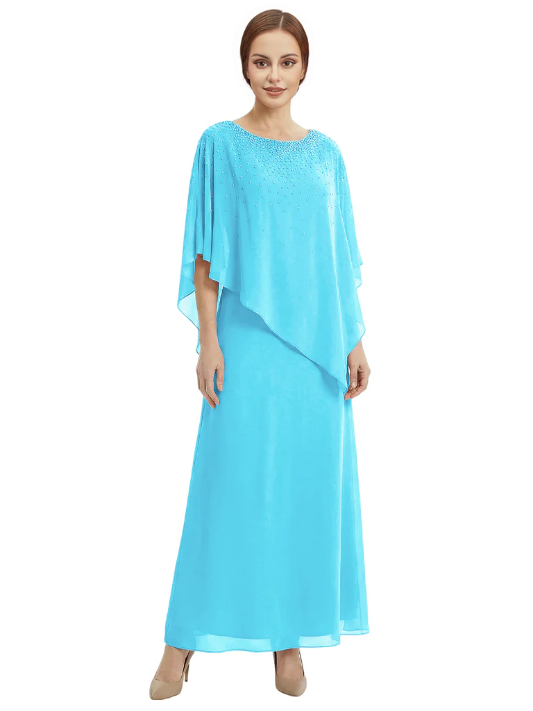 Classy Beaded Chiffon Overlay Poncho Style Mother of the Bride Gown