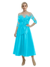 Unique Off Shoulder Tea-Length Satin Mother Of The Bride Dress With Lace Illusion