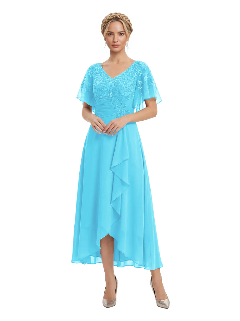 Unique Flutter Sleeves Lace Beaded Short Mother of the Groom Dresses