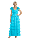 Mother of The Bride Dresses V-Neck Sleeveless Satin Tiered Maxi Gown Unique Flower Detailed Formal Wedding Event Attire