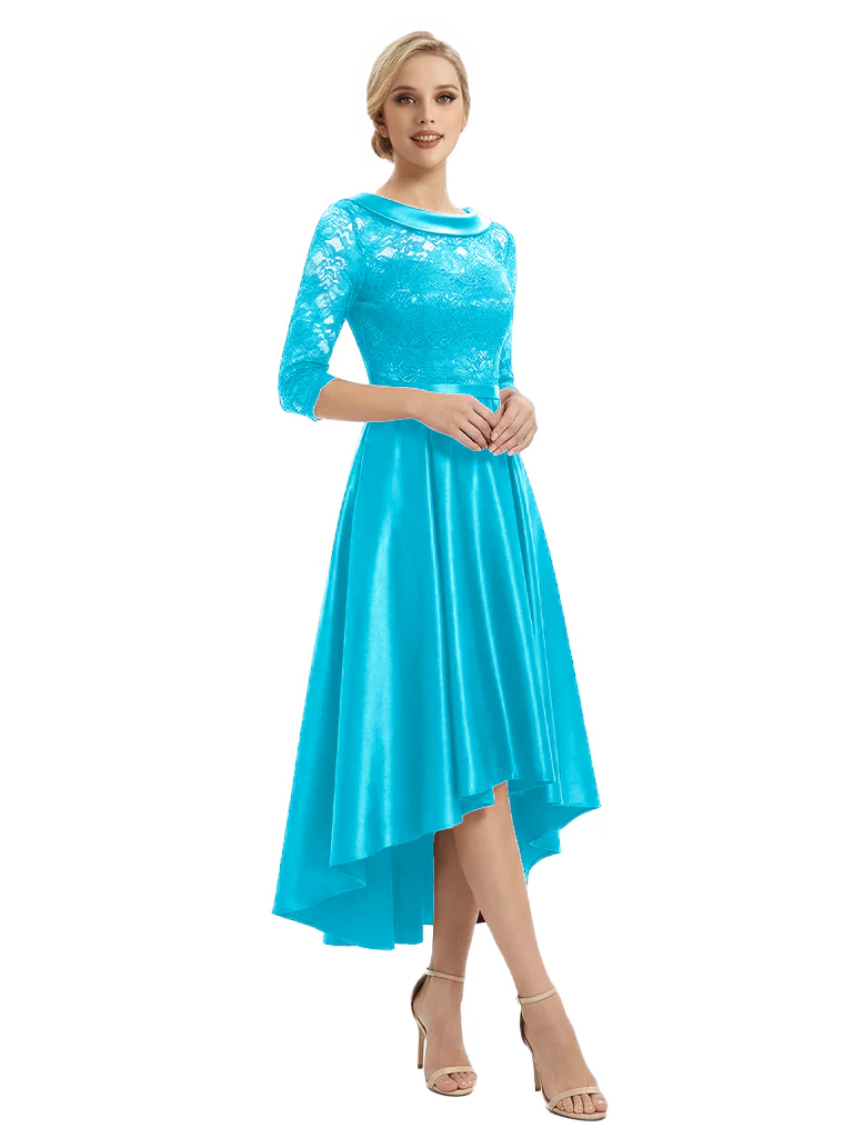 Elegant Boat Neck Satin Lace Mother Of The Bride Dresses High-Low A-Line Gowns