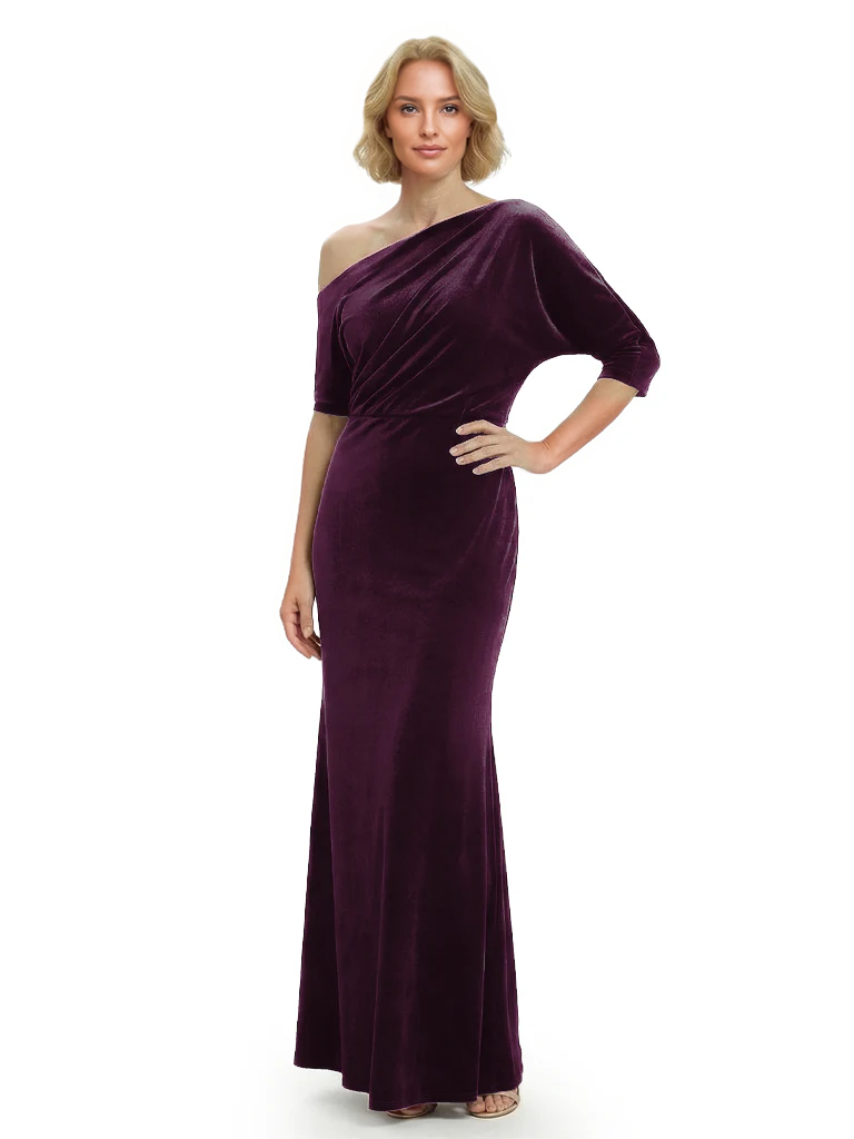 Sophisticated Asymmetrical Neckline Velvet Half Sleeves Maxi Mother Of The Groom Dress
