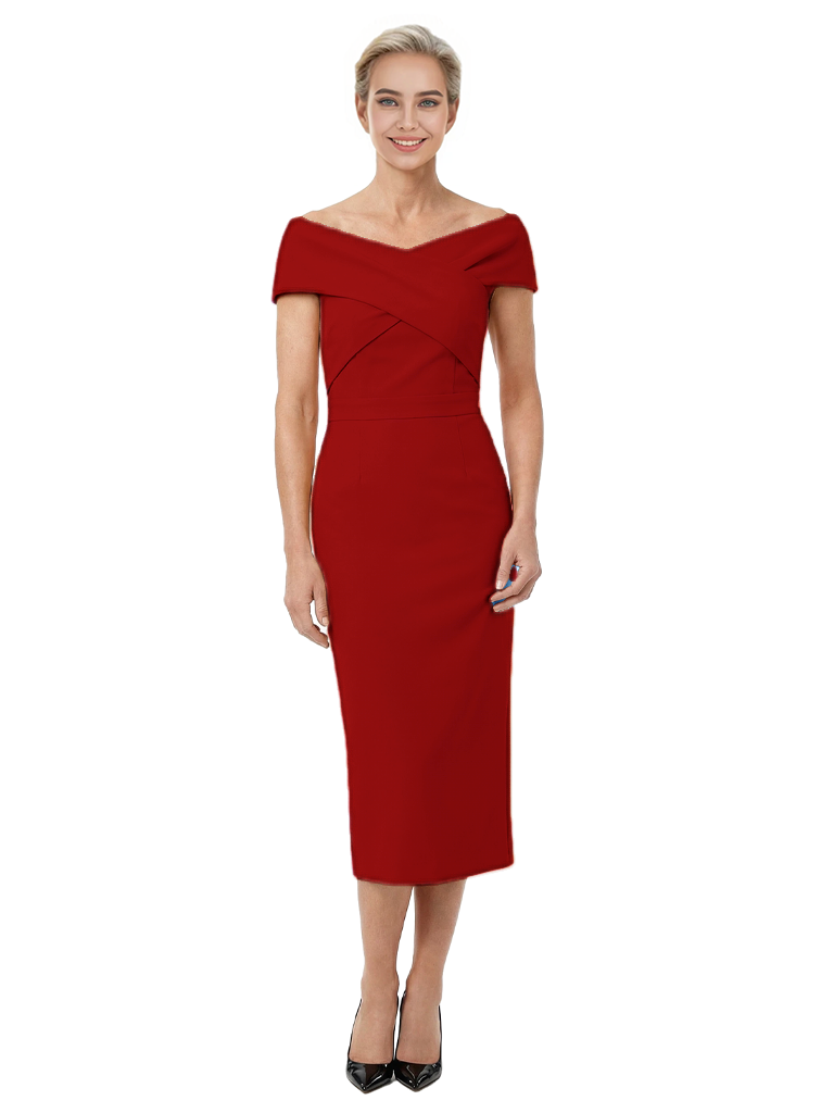 Mother of The Bride Dress Classy Off Shoulder Crepe Sheath Midi Gown Modern Wrap Detail