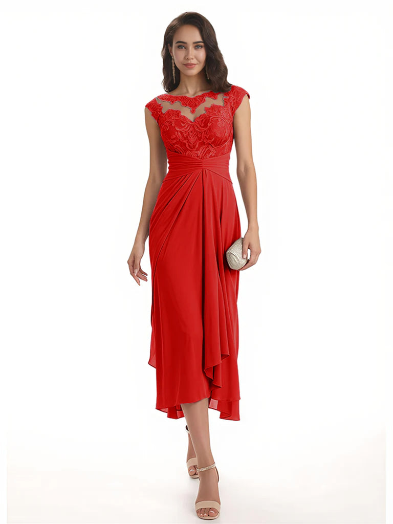 Elegant Bell Sleeves Chiffon A-line Midi Mother of The Bride Dresses