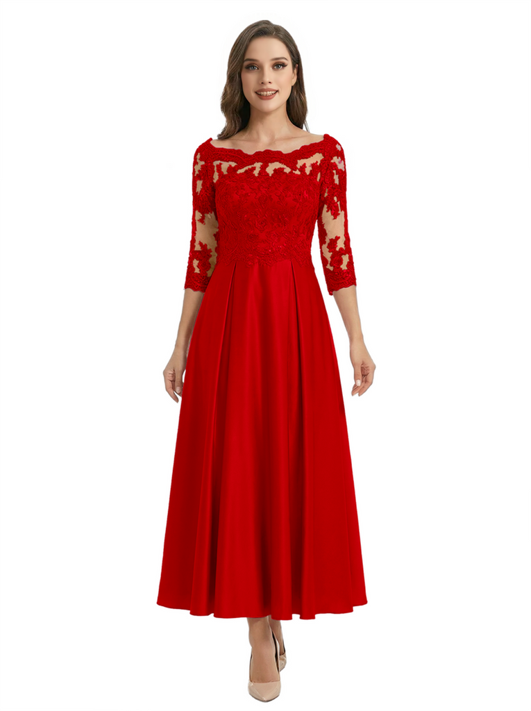 Mother of The Groom Dress Off Shoulder 3/4 Sleeve Lace Satin Midi Gown Classy Pleated