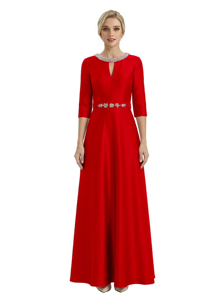 Sophisticated 3/4 Sleeves Beaded A-Line Satin Mother Of The Bride Dress