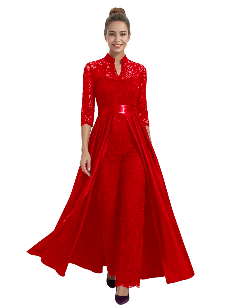 Mother of The Groom Outfit V-Neck 3/4 Sleeve Lace Pantsuit Satin Overskirt